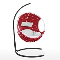 EVERGREENWEB - Garden Swing Chair in Red Fabric Upholstered Hand Braided Elegant Hanging Chair for Outdoor or Indoor Home, Chair Complete with Steel Frame and Super Soft Cushions DUBAI