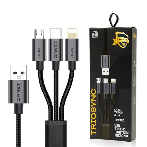 Cabo TrioSync 3 em 1 Danet® Revestido em Nylon 3.1A com Conectores para Todos iPhone, Type-C e Micro USB – Carregamento Rápido e Alta Durabilidade