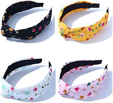 Floral Print Knotted Headbands for Women 4 Packs vintage patterns Heart Bling Fashion Head Bands For Women’s Hair Colorful Outdoor Hair Accessories