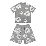 Herren 2-Teiler Sommer Set, Kurzarm T-Shirt und Shorts, Blumen Motiv Trainingsanzug, Y2K Hip Hop Streetwear Sportanzug für Alltag