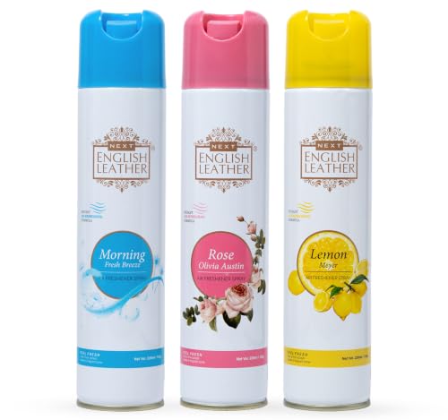 Image of Next Care English Leather Air Freshener Spray 220ml Each | Long Lasting Room Freshener for Home, Office & Car | Odour Eliminator (Rose, Morning & Lemon)