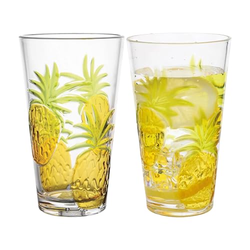 UP Pineapple Highball Tumblers, Stackable BPA-Free Acrylic Cups with Embossed Pineapple Design, Reusable Drinkware for Water, Cold Drinks or Cocktails, Yellow, 24 oz, Set of 2