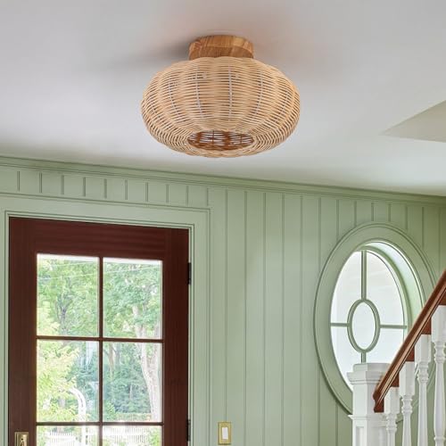 Rattan Ceiling Light Fixtures,Boho Chandelier Small Flush Mount Ceiling Light,12'' Handwoven Ceiling Lamps,Wooden Rattan Lampshade,Rustic Boho Ceiling Light for Bedroom,Hallway,Nursery,Farmhouse by OCWHT - Used condition - Image 3