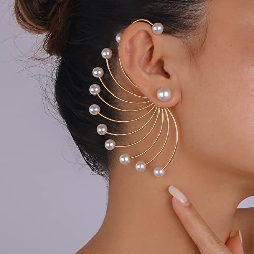 Jumwrit Big Pearl Ear Jacket Front Back Earrings - Peacock Shape Golden Chain Pearl Stud for Women3