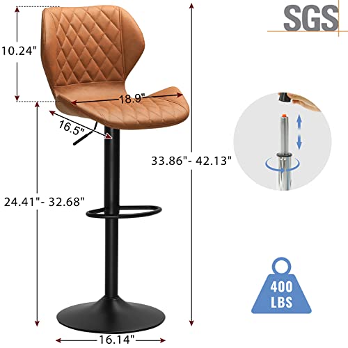 Dictac Leather Bar Stools Set Of 2 Brown Adjustable Bar Stools, Breakfast Bar Stools Counter Height Swivel Bar Chairs For Kitchens Island, 400Lbs Capacity #TOP2