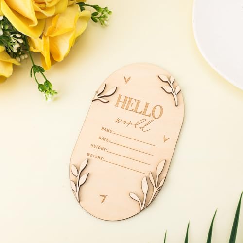 Image of Baby Announcement Sign for Newborn, 5.9 Inch Hello World Wooden Newborn Sign Boys Girls Birth Announcement Board Welcome Name Plaques for New Baby Photo Prop Nursery Hospital