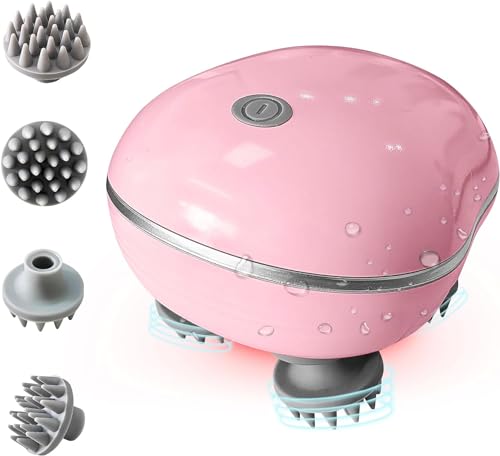 Electric Scalp Massager, Cordless Massager for Cat and Dog, Portable Head Massager for Hair Growth and Stress Relax, Silicone Scalp Massager, 4 Massage Heads & 3 Speeds, IPX7 Waterproof