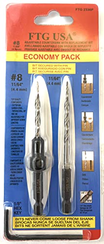 Image of FTG USA #8 (11 /64 inch) Wood Countersink Drill Bit w / 1 Repl. Bit & Hex Key | Features size #8 countersink and one extra 11 /64 inch replacement tapered bit. Includes an Allen wrench hex key tool