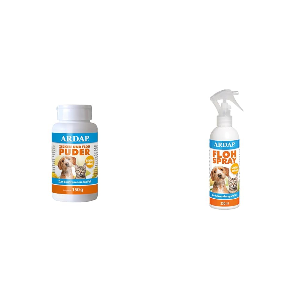 ARDAP Zecken und Floh Puder 150g + Flohspray zur Anwendung am Tier 250ml - Für Hunde und Katzen, Schützt sofort und zuverlässig vor Flöhen, Zecken, Läusen, Milben und Anderen Schädlingen (PT19)
