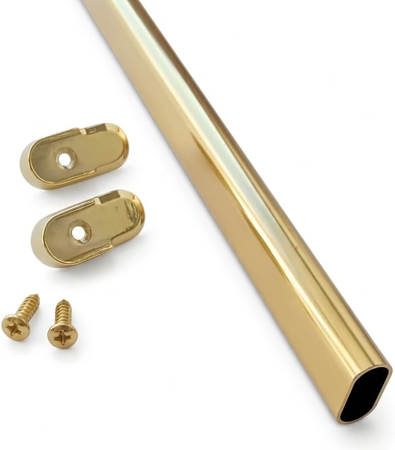 Premium Oval Polished Brass Wardrobe Closet Rod with Two End Supports with rear-facing 5mm pins (24 Inch Wide Space)