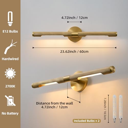Image of Museum Gallery Bathroom Picture Light - 24 Inch Long Gold Brass Dimmable Hardwired Wall Sconces with E12 Bulb - Frame Pictures Art Deco Sconce Lights for Painting Photo Artwork Library Vanity Over