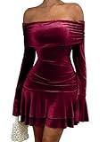 LAGSHIAN Women's Sexy Velvet Off Shoulder Long Sleeve Ruffle Hem Bodycon Ruched Cocktail Party Mini Dress WineRed