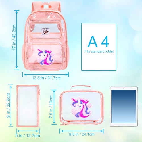 Image of AGSDON 3PCS Clear Backpack for Girls, Kids Unicorn Transparent Backpack with Heavy Duty PVC, See Through Backpacks with Lunch Bag-Pink