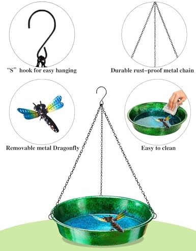 Hanging Bird Bath for Outside, 11.5β Metallic Green & Blue Metal Birdbath Bowl & Feeder with Black Chain Outdoor Garden Yard Decor (0.7 Gallon) - 4