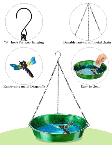 Hanging Bird Bath for Outside, 11.5” Metallic Green & Blue Metal Birdbath Bowl & Feeder with Black Chain Outdoor Garden Yard Decor — view 5