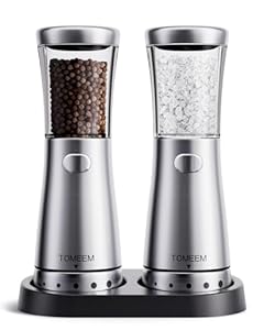 Salz und Pfeffermühlen elektrisch 2er Set aus Edelstahl (Wiederaufladbar, LED Beleuchtung, mit einstellbarem Keramikmahlwerk, Reinigungsbürste Bürste) Gewürzmühle elektrisch