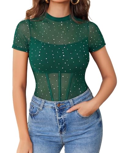 Avidlove Women Short Sleeve Bodysuit Mock Neck Sheer Mesh Rhinestone Top One Piece Going Out Tops Concert Outfits Green