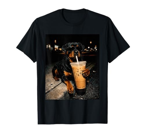 Cool Rottweiler Drinking Iced Coffee Funny Dog Art T-Shirt