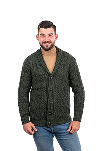 SAOL 100% Merino Wool Men's Aran Cable Knit Shawl Collar Casual Irish Cardigan with Buttons and Pockets