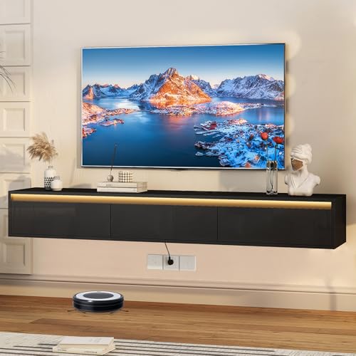 Floating TV Stand Wall Mounted with Power Outlet, Modern Floating Entertainment Center for 75 Inch TV, High Gloss Floating TV Shelf with LED Lights for Living Room, Bedroom,Lounge Room,Black -  Doredo