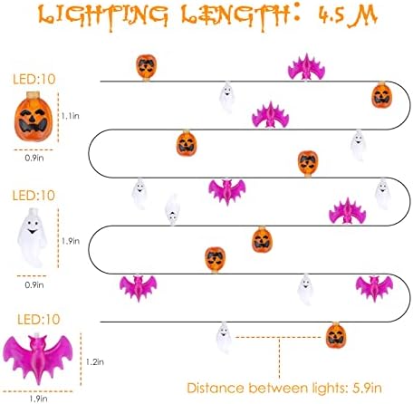 Fohil Halloween Lights Halloween String Lights 30 LED Pumpkin Ghost Bat String Lights Battery Operated Halloween Indoor Decorations