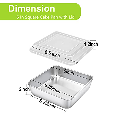 Teamfar 6 Inch Square Cake Pan With Lid (2 Pans & 2 Lids), Stainless Steel Square Baking Lasagna Brownie Pan With Lid For Meal Prep Storage Transporting Food, Healthy & Heavy Duty, Dishwasher Safe #TOP1