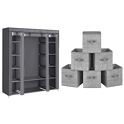 Songmics 59-Inch Portable Closet And 6 Storage Bins Bundle, Closet Storage Organizer With Fabric Boxes, Quick And Easy Assembly, Gray Ulsf03G And Urob26Lg #TOP16
