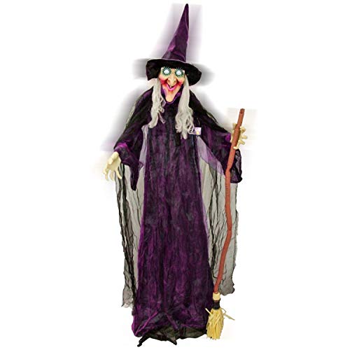 Halloween Haunters 6 Foot Animated Standing Speaking Scary Evil Wicked Witch Broomstick Prop Decoration with Turning Body and Head, Flashing LED Eyes, Cackles, Speaks Spooky Phrases - Haunted House