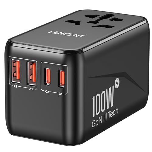LENCENT Universal Travel Adapter, 100W GaN3 International Adaptor with 2 QC4.0 USB-A+2 PD3.0 Type-C PPS Fast Charging, Worldwide Wall Charger for iPhone,Samsung,Laptop, Plug Adapter USA/UK/EU/AU Black