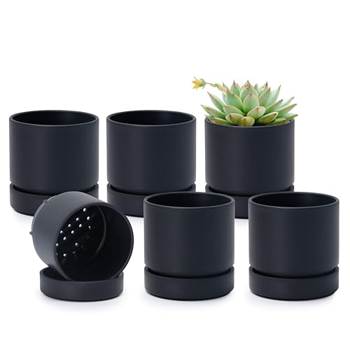 Phoenix Vine 4 Inch Planter Pot with Drainage Hole & Saucer, Deep Water Catch Tray, Straight Cylindrical Round Pot for Plants, Matte Black, Pack of 6, 23-C-R-6