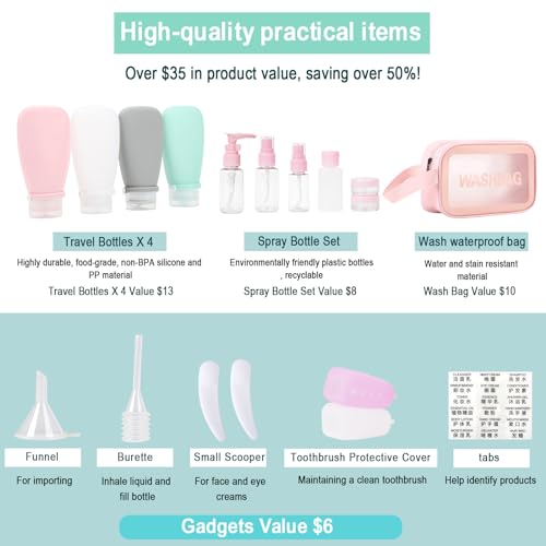 18 Pcs Travel Bottles Set for Toiletries TSA Approved, Leak Proof Travel Bottles, Travel Toiletry Bag Set Comes with 3 oz travel bottles, Funnel, Toothbrush Cover2