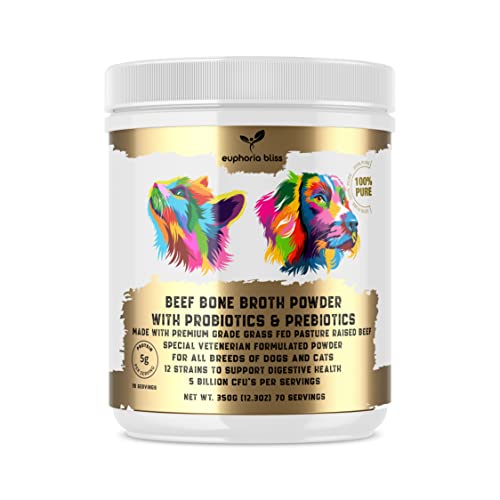 Beef Bone Broth Probiotic & Prebiotic | For Dogs & Cats with Sensitive Digestion | Gut Health, Hip & Joint, All Ages & Breeds | High in Type II Collagen, Fibre & Essential Minerals | 70 Servings 350g
