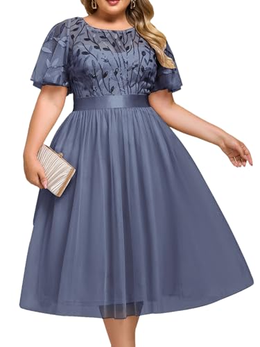 Image of Ever-Pretty Plus Women's Round Neck Embroidery Short Sleeves Sequin Tulle Midi Plus Size Cocktail Wedding Guest Dresses Dusty Blue US22