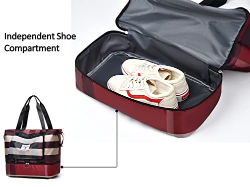 New Foldable Dry/Wet Separation Travel Duffel Bag with Shoe Compartment Large Capacity Folding Weekender Overnight Bag Lightweight Waterproof Gym Tote Bag (B-Red)4