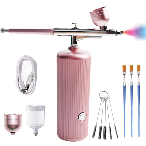 Airbrush Kit with Compressor, 48PSI High-Pressure Rechargeable Cordless Air Brushes Kit, Non-Clogging System with 0.3mm Nozzle and Cleaning Brush for Nail Art, Makeup, Cake Decor, Painting(Pink)