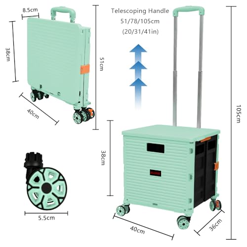 FELICON SELORSS Foldable Utility Cart Folding Portable Rolling Crate Handcart with Durable Heavy Duty Plastic Telescoping Handle Collapsible 4 Rotate Wheels for Travel Shop Move Luggage Office(Green - Thumbnail 7