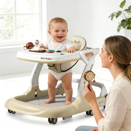 Image of Music and Lights Baby Walker with Wheels,9 Adjustable Heights Infant Toddler Walker,Baby Walkers with Foot Pads,Anti-Fall Baby Walker and Activity Center for Boys Girls Babies 6-18 Months