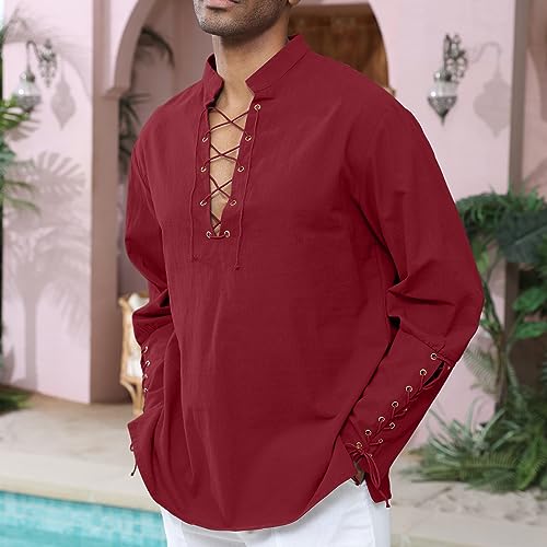 Image of CTU Men's Cotton Shirt Pirate Shirt Medieval Viking Renaissance Costume | V-Neck,Drawstring Collar,Linen Tunic,Ren Faire,Plus Size,Goth,Big and Tall,Halloween