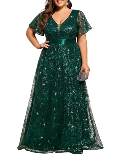 Ever-Pretty Plus Women's V Neck Embroidered Sequin A Line Ruffles Sleeves Plus Size Evening Dresses Ball Gowns 02314-DA