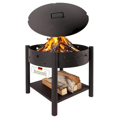 KARAT Feuerschale Kauri rund mit Deckel - Höhe 57 cm - Feuerstelle Für Garten, Terrasse, Camping - Feuerkorb mit 4 Standfüßen (S: Ø 60 cm mit Muster)