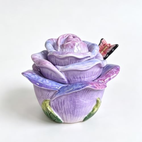 Minigift Ceramic Rose Spice Jars - 3D Hand-Sculpted & Hand-Painted Condiment Pots for Salt, Sugar, Pepper (Pinkish Purple)