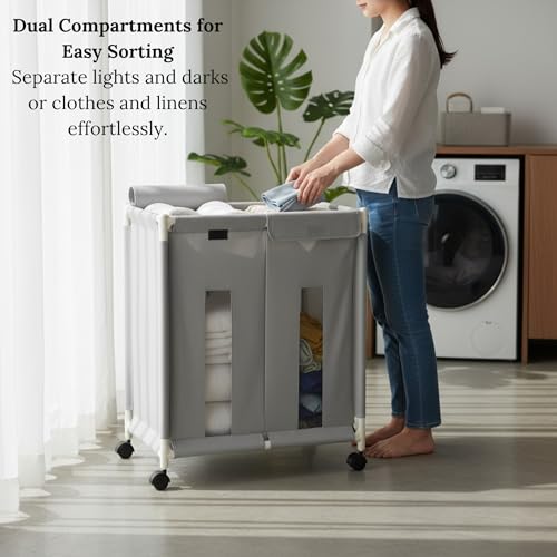 Image of 2-Section Laundry Basket with Wheels | 130L Rolling Laundry Hamper with Lid Cover | Foldable Oxford Fabric Laundry Bin for Clothes Sorting | Durable, Portable & Dustproof Organizer (Grey)