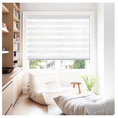 Rehan & Co White Day and Night Zebra Roller Blinds for Windows Light Filtering Dual Layer Fabric Window Blinds Drill/No Drill Easy Fit Blind for Door 114cm W x 165cm L)