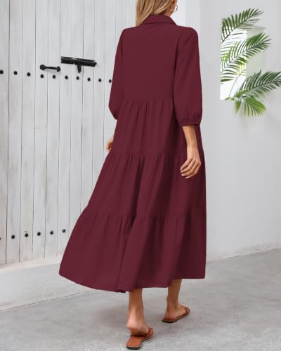 Image of Women Button Down Maxi Shirt Dress Long Sleeve Flowy Tiered Collared Dresses with Pockets