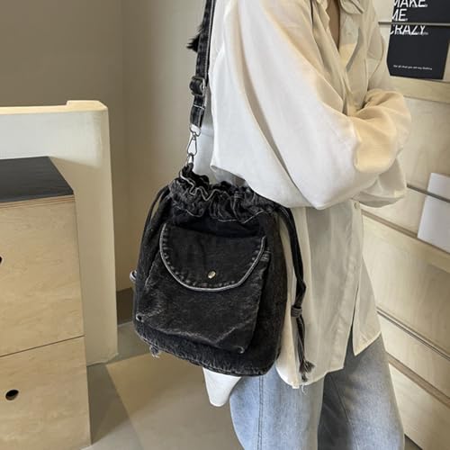 Denim Crossbody Bag Small Drawstring Phone Bag Casual Bucket Purse Shoulder Messenger Bag3