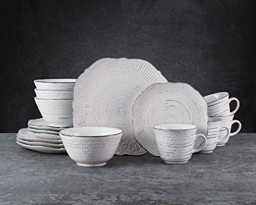 Image of Pfaltzgraff Isabella 16-Piece Stoneware Dinnerware Set, Service for 4 - Handpainted Unique Glazed Finish - Includes Dinner Plates, Salad Plates, Bowls, Mugs - Dishwasher & Microwave Safe (Gray)