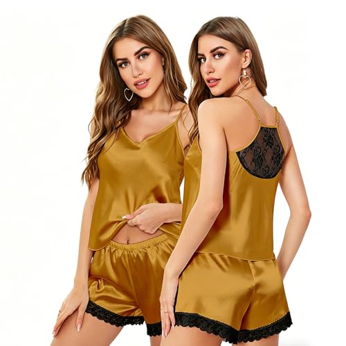Pyjama femme satiné haut de gamme jaune taille L caraco col V et short élégant