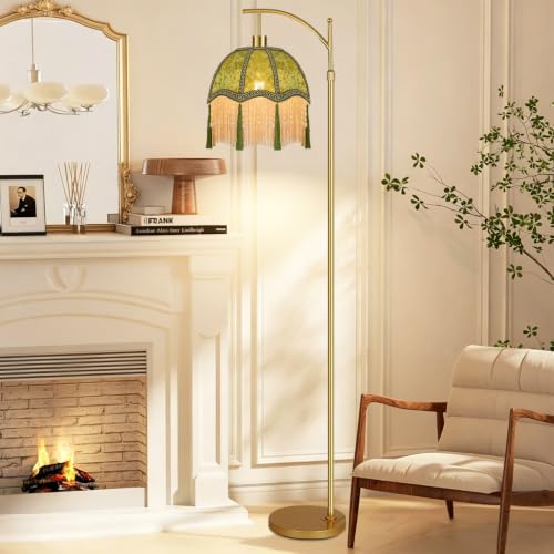 Image of Vintage Floor Lamps for Living Room Boho Rustic Floor Lamp with Remote Control & 3 Color Temperature,Dimmable Gold Floor Lamp Mid Century Modern Standing Lamp Fringe Green Tall Floor Lamp For Bedroom