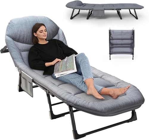 iklarewv Chaise Lounge Chair, Folding Cot, 6-Angle Adjustable Camping Cot with Mattress for Patio and Beach, Foldable Bed Portable Heavy Duty Lay Flat Reclining with Pillow (Gray, L - 75'')