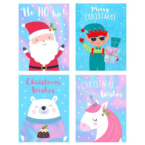 YLAB 32 Mini Christmas Cards for Children – Fun Kids Designs – Santa, Elf, Unicorn & Polar Bear – Ideal for School Friends – Includes Envelopes – 8.5 x 6 cm